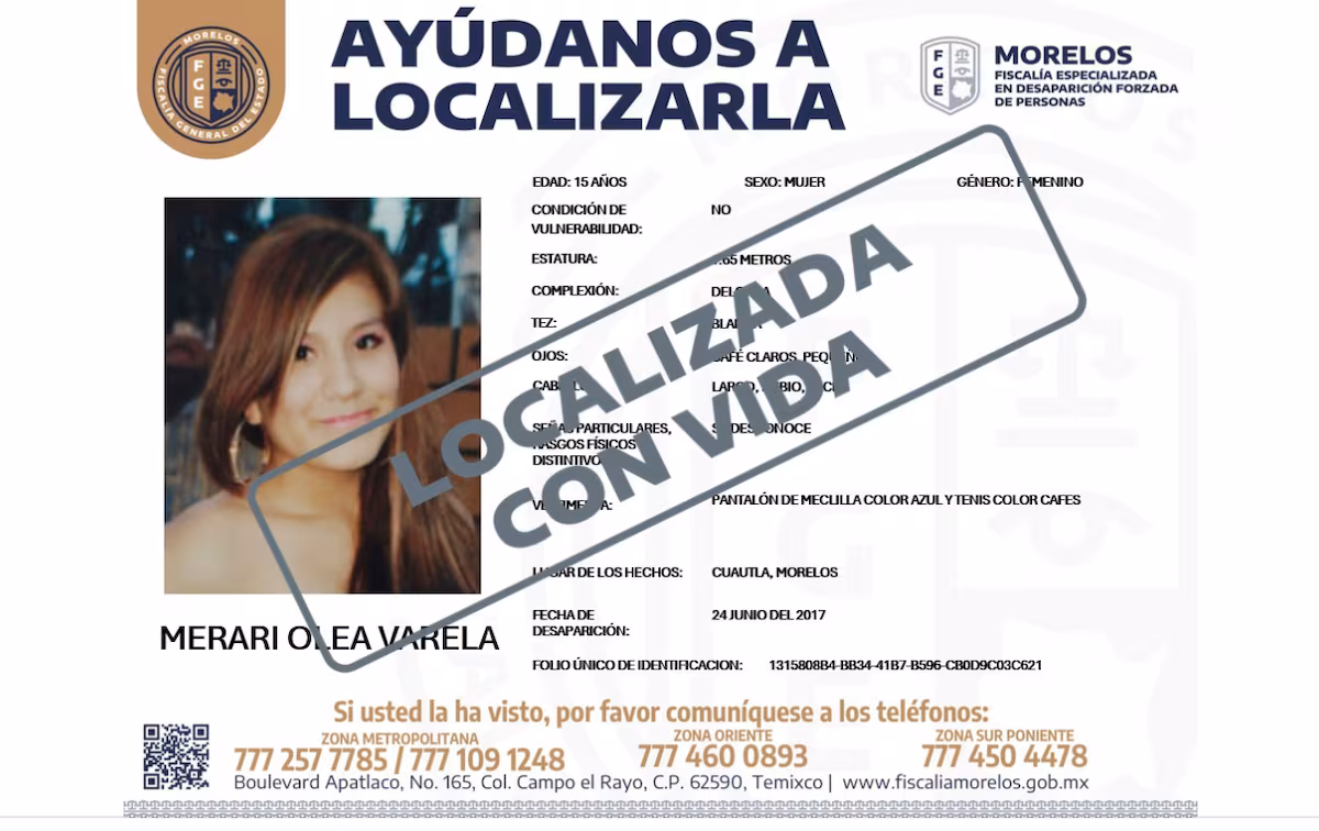 Ficha de búsqueda oficial de Merari Olea Varela con sello de la Fiscalía General del Estado de Morelos.