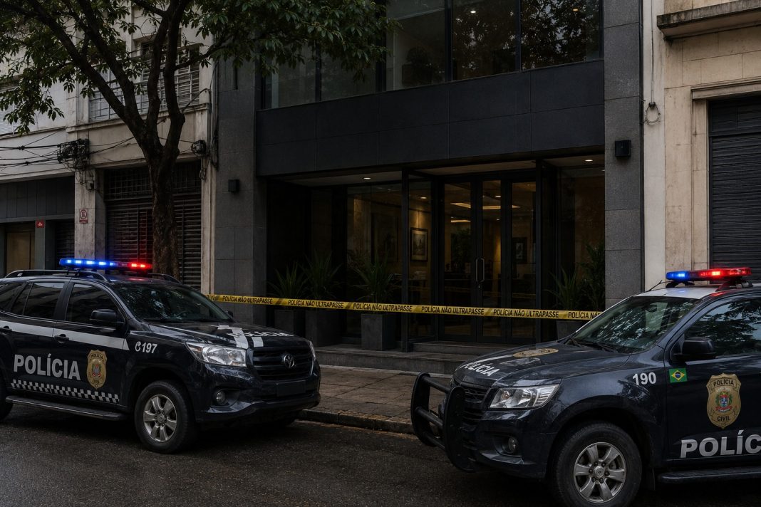 Fachada de un despacho jurídico acordonada por la policía con patrullas estacionadas al exterior.