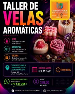 Cartel informativo de los talleres prácticos de velas aromáticas que imparte el Ayuntamiento de Cuernavaca.